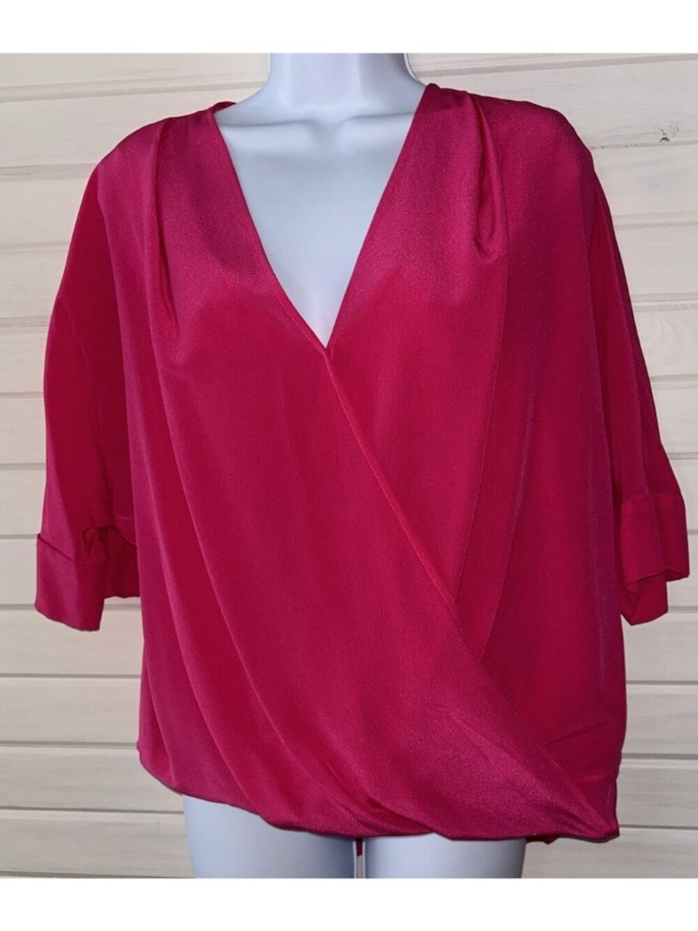 Trina Turk Sz ?? (See Meas) Coral Top In Fuchsia Faux Wrap Top 100% Silk EUC